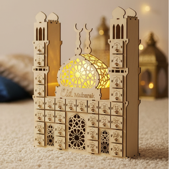 Calendrier Ramadan en bois - Ornement Eid Moubarak 2026