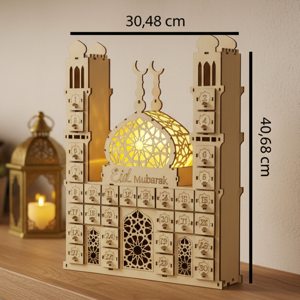 Calendrier Ramadan en bois - Ornement Eid Moubarak 2026