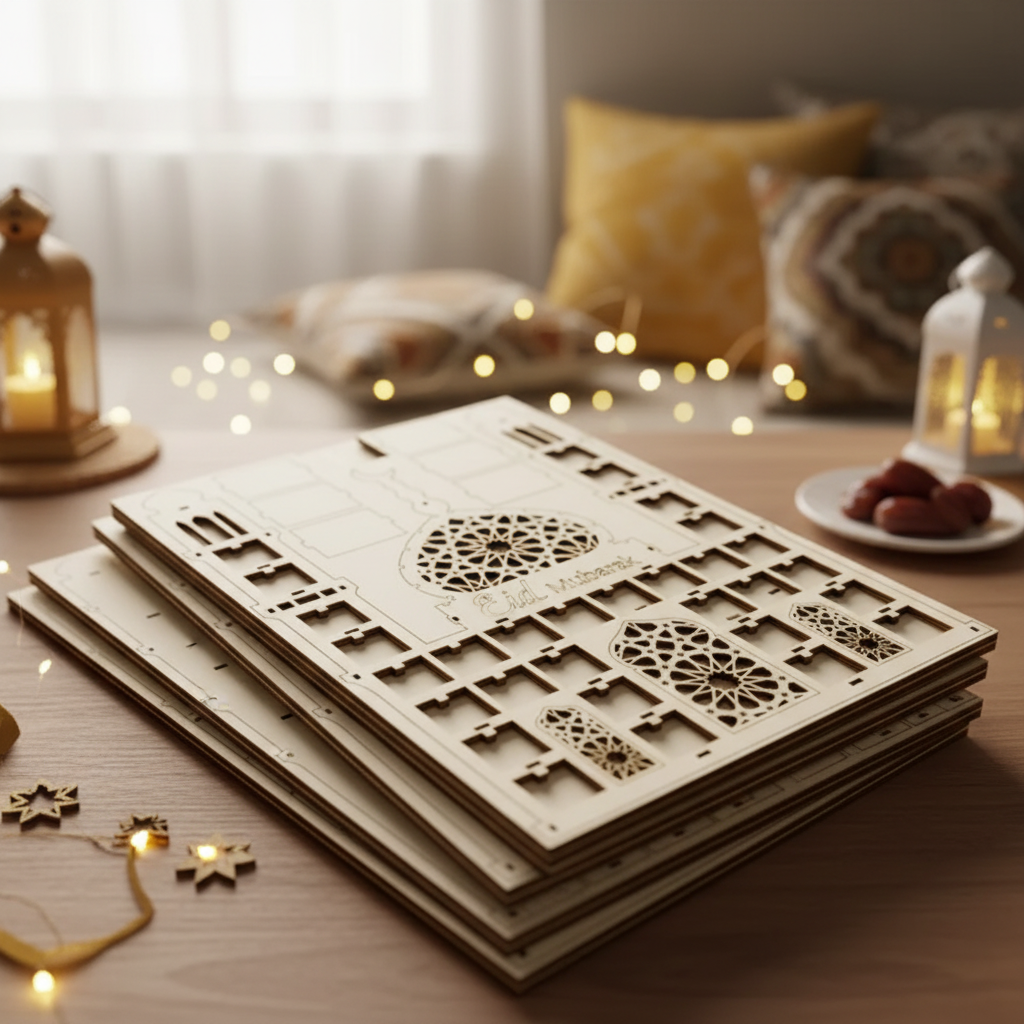 Calendrier Ramadan en bois - Ornement Eid Moubarak 2026